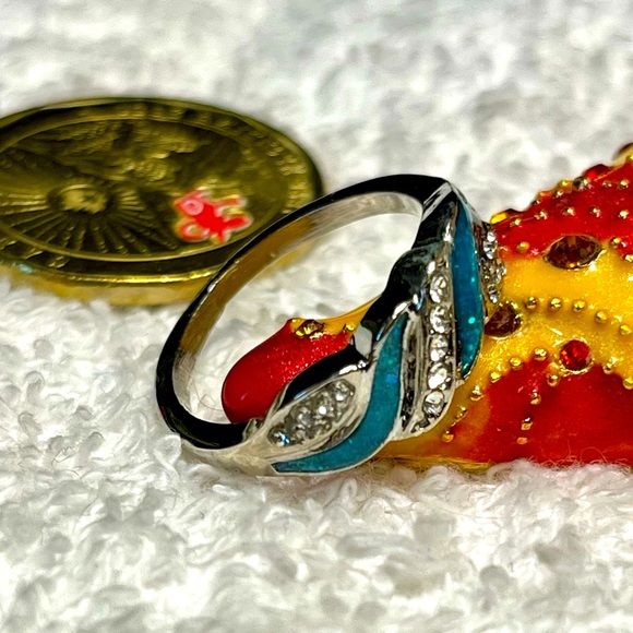 🦋Cute silver plate ring with rhinestone and inlay opal look/costume NWOT - Picture 7 of 10